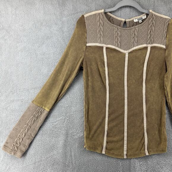 Gimnicks by BKE Thermal Top S Mustard Rib Cable Knit Crew Neck Key Hole Stretch - Picture 6 of 13